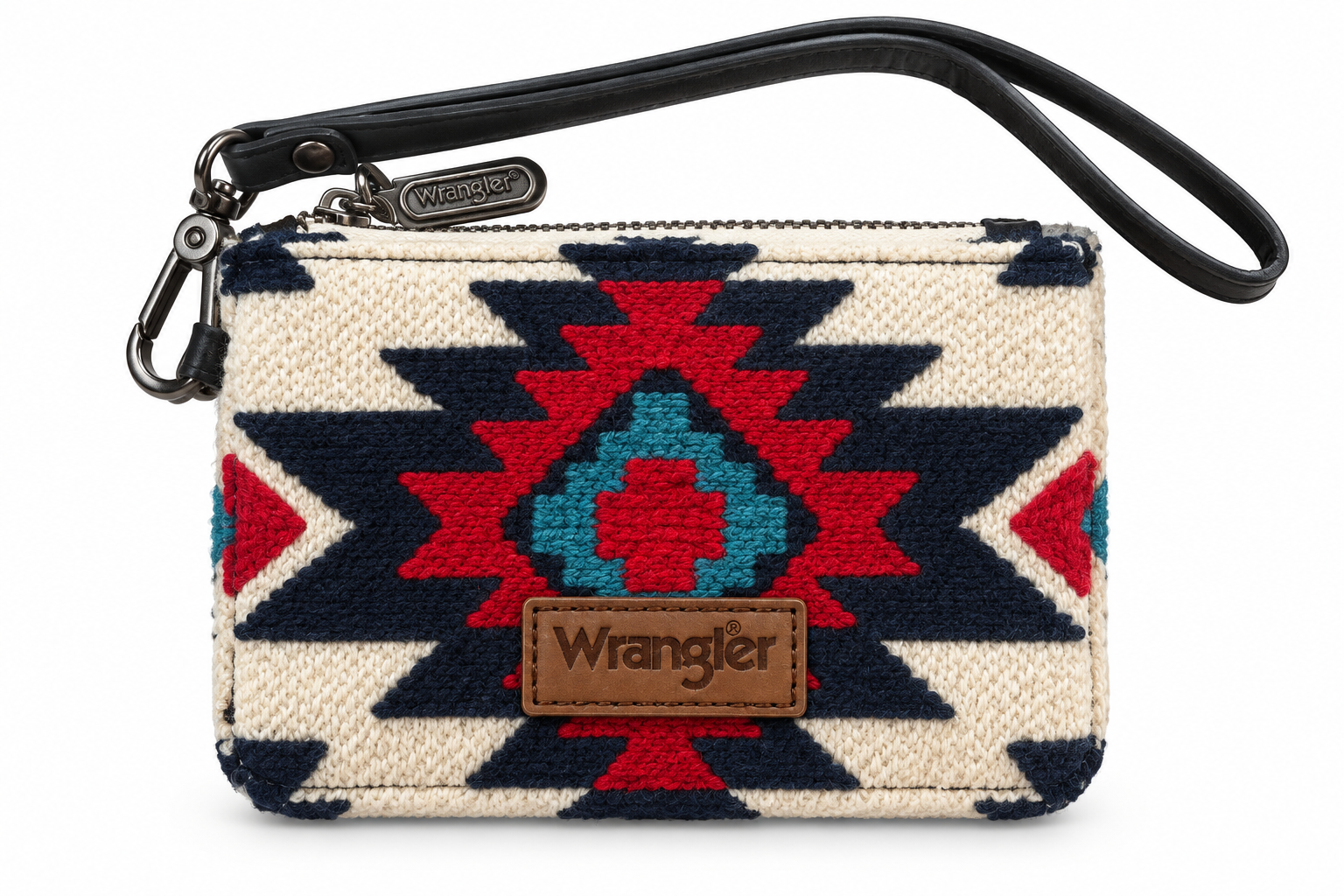 Trestles Clothing Company Aztec print canvas and PU leather wristlet wallet with Wrangler logo and zip closure